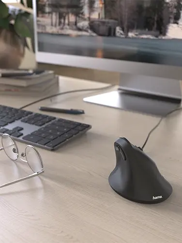 Ergonomic mouse on the desk.
